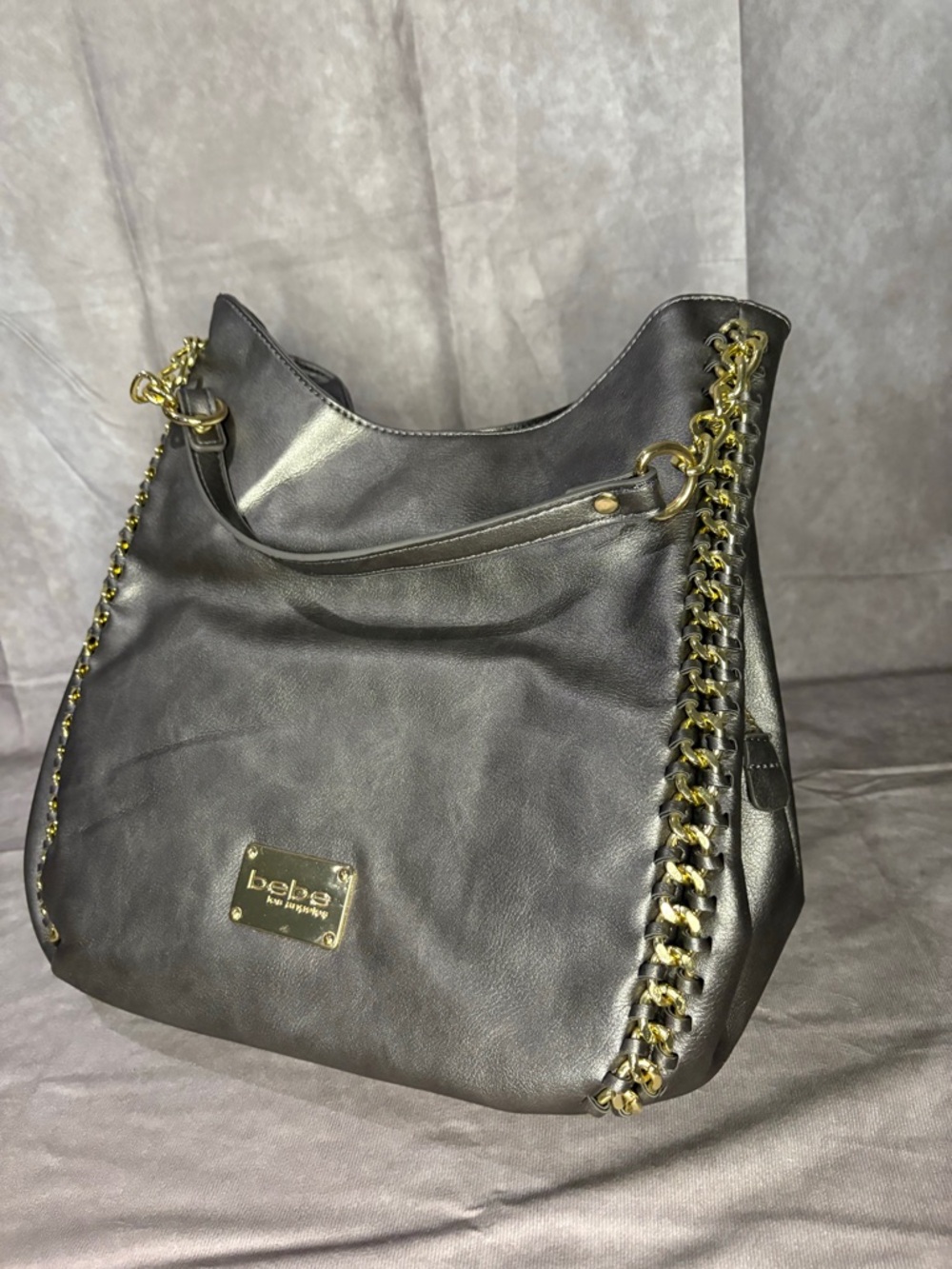 Bebe Colette Triple Entry Shoulder Bag Pewter NWT Gold Chain